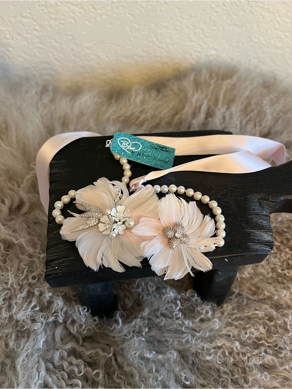 Betsey Johnson Blush Ivory Feather Floral Pearl Headband